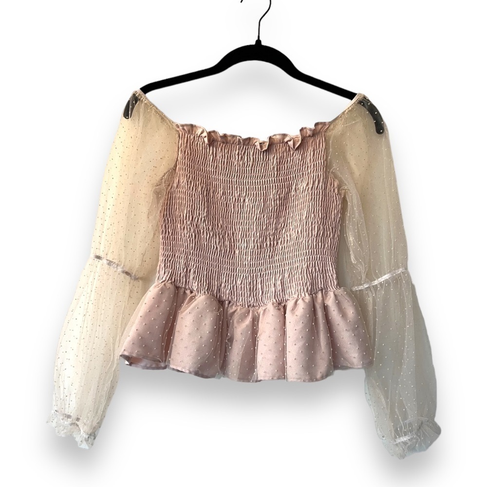 SHEIN Cream Swiss Dot Puff Sleeve Smocked Bodice Blouse